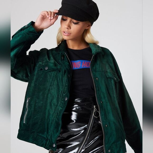 Free People Emerald Green Velvet Trucker Jacket with Silver Buttons Size Xs - Picture 13 of 16
